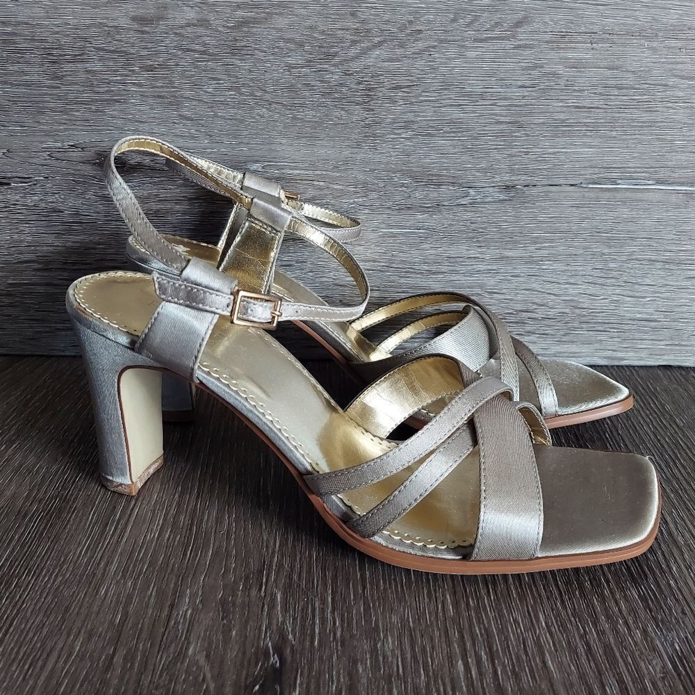 Vintage 90s Rampage Champagne Fabric Strappy Heels Size 9M